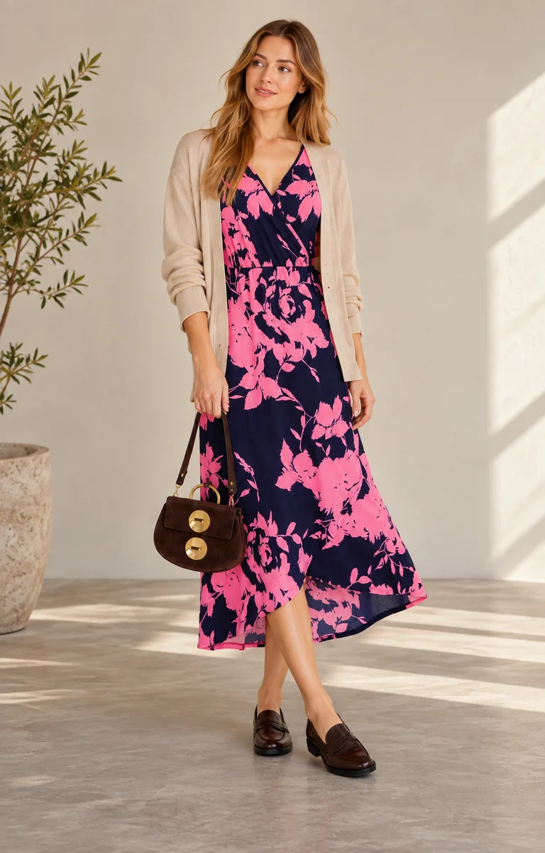 Florales Kleid und Strickjacke als Stilvorbild