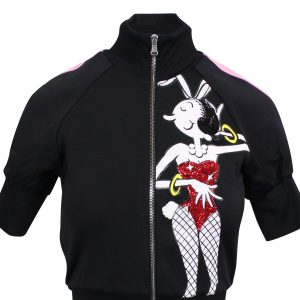 Moschino Couture – schwarze Kurzarmjacke mit Seitenstreifen und Reißverschluss