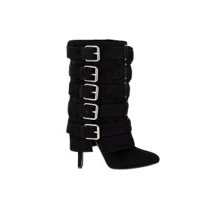 Balmain – Stiefel aus schwarzem Wildleder mit Schnallenverschluss und hohem Absatz