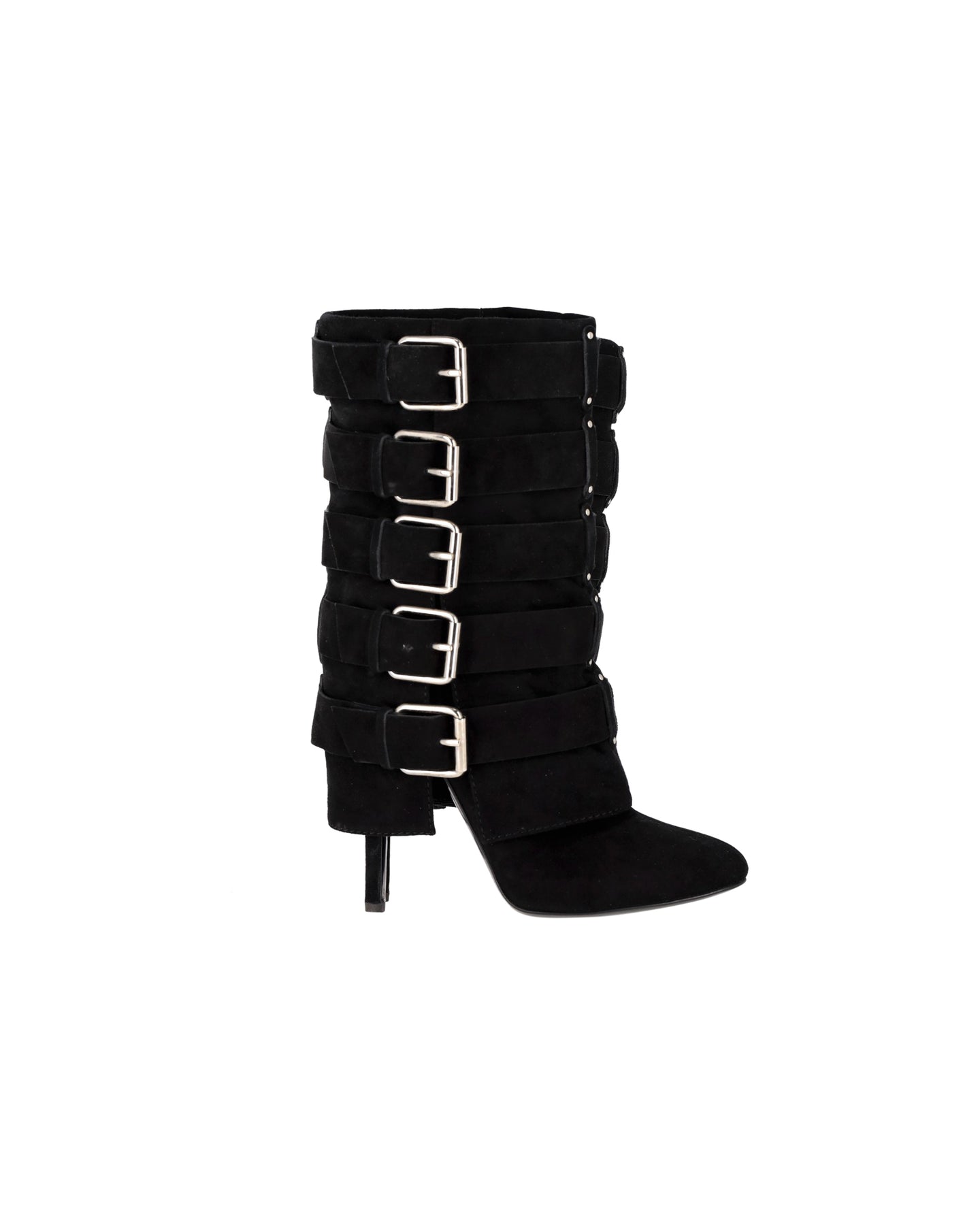 Balmain – Stiefel aus schwarzem Wildleder mit Schnallenverschluss und hohem Absatz