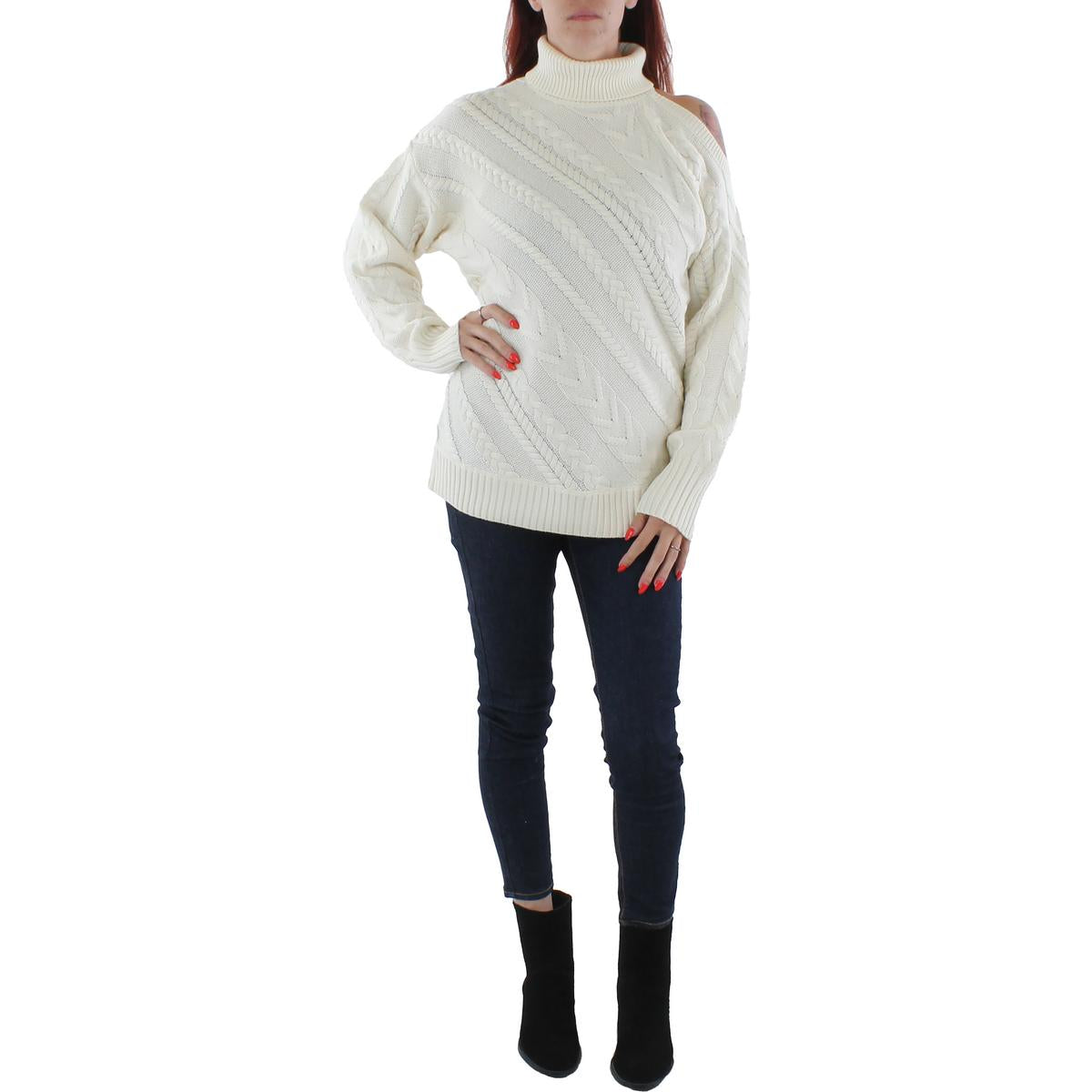 Rollkragenpullover aus Wollmischung mit Zopfmuster und Schulterausschnitten