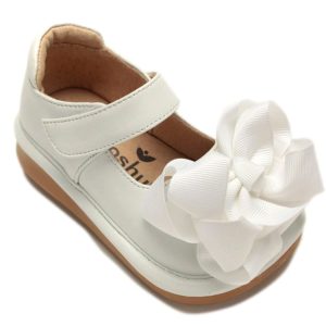 Mooshu Trainers – weiße Mary-Jane-Schuhe für Mädchen mit Schleife und Quietschfunktion