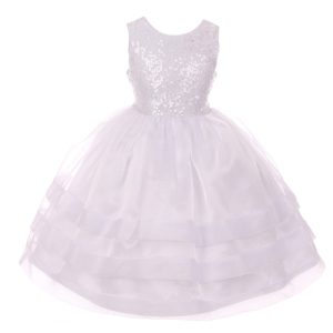 Weißes Blumenmädchenkleid aus Organza mit Pailletten und Spitze für kleine Mädchen