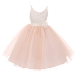 Rosa Mädchen-Festkleid mit Perlenverzierung, Spitze und V-Ausschnitt – Größenangabe 2–6