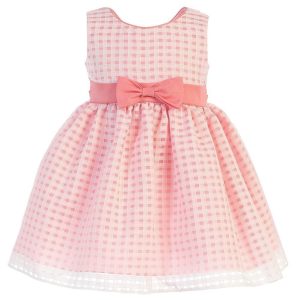 Korallfarbenes Mädchenkleid aus Organza mit Ausbrenner-Karomuster – Größenangabe 7–12