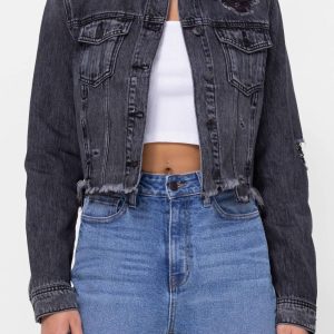 Katrina – taillierte Jeansjacke in Schwarz mit Acid-Wash-Effekt und Used-Details